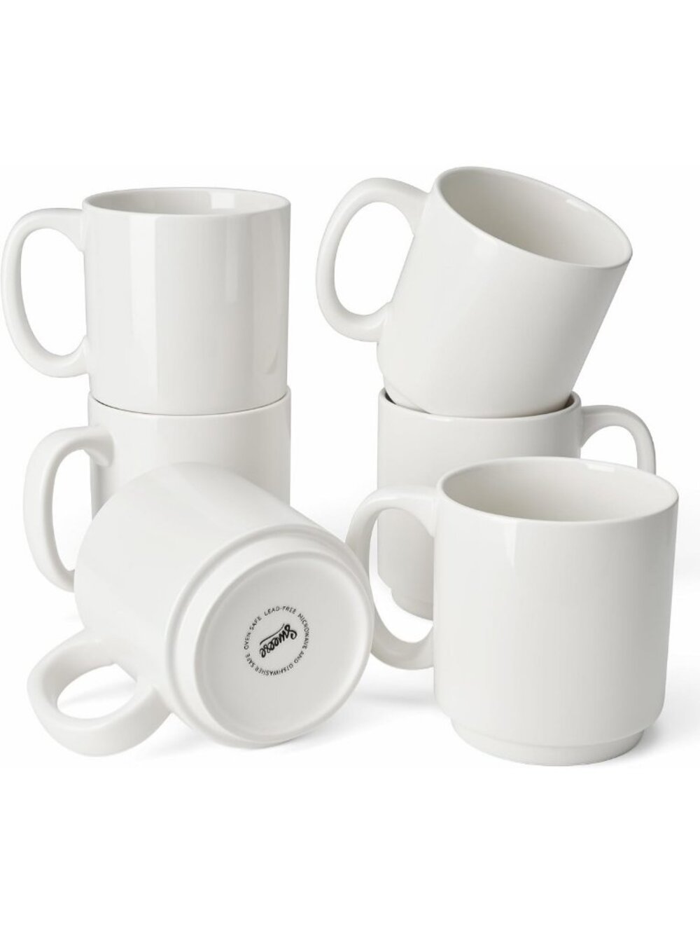 Stackable White Porcelain Coffee Mugs Set of 6 - Perfect for Cappuccino, Latte